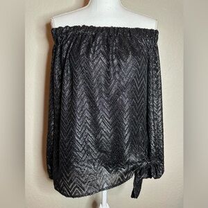 Michael Kors black shiny blouse off shoulder tie front size small